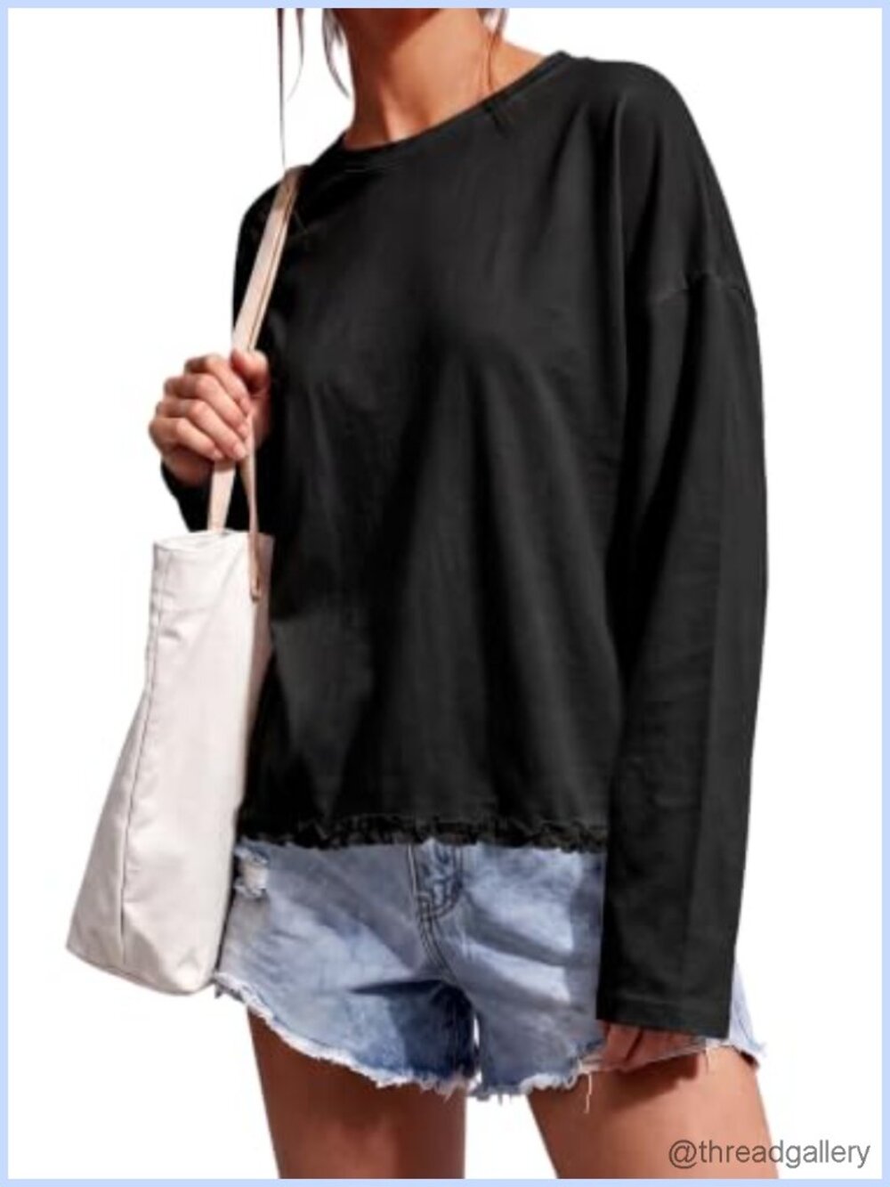 Womens Oversized Ruffle Hem Crew Neck Casual Boxy T Shirt Long Sleeve